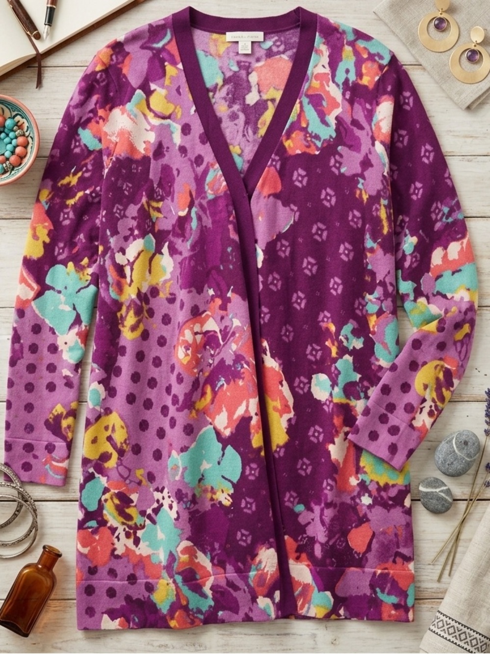 Purple Cotton Floral Cardigan  2X Isaac Mizrahi Live! Cottagecore Boho lagenlook